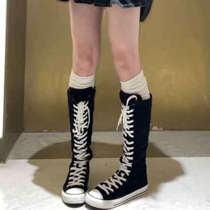 High Top Canvas Shoes - Women's Knee High Boots | Lace Up Flat Heel Canvas Footwear - ZOOMNSTORE