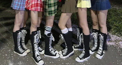 High Top Canvas Shoes - Women's Knee High Boots | Lace Up Flat Heel Canvas Footwear - ZOOMNSTORE