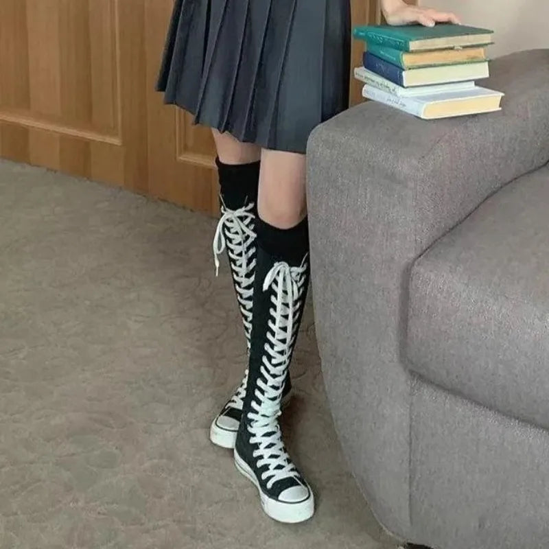 High Top Canvas Shoes - Women's Knee High Boots | Lace Up Flat Heel Canvas Footwear - ZOOMNSTORE