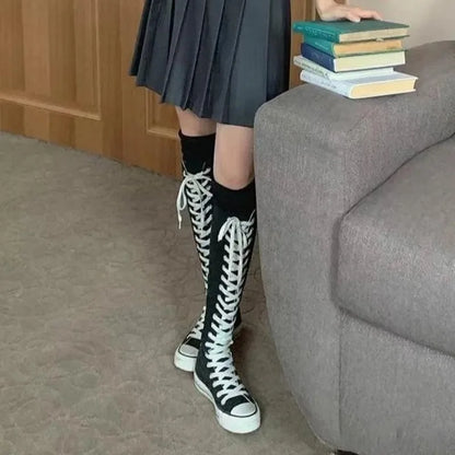 High Top Canvas Shoes - Women's Knee High Boots | Lace Up Flat Heel Canvas Footwear - ZOOMNSTORE