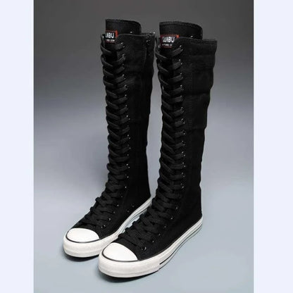 High Top Canvas Shoes - Women's Knee High Boots | Lace Up Flat Heel Canvas Footwear - ZOOMNSTORE