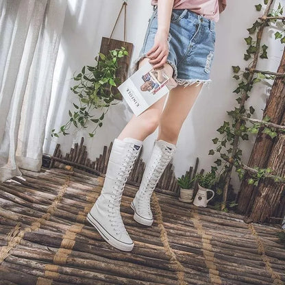 High Top Canvas Shoes - Women's Knee High Boots | Lace Up Flat Heel Canvas Footwear - ZOOMNSTORE