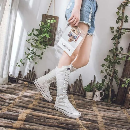 High Top Canvas Shoes - Women's Knee High Boots | Lace Up Flat Heel Canvas Footwear - ZOOMNSTORE