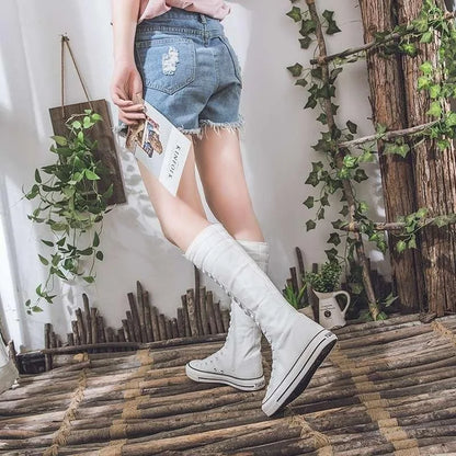 High Top Canvas Shoes - Women's Knee High Boots | Lace Up Flat Heel Canvas Footwear - ZOOMNSTORE