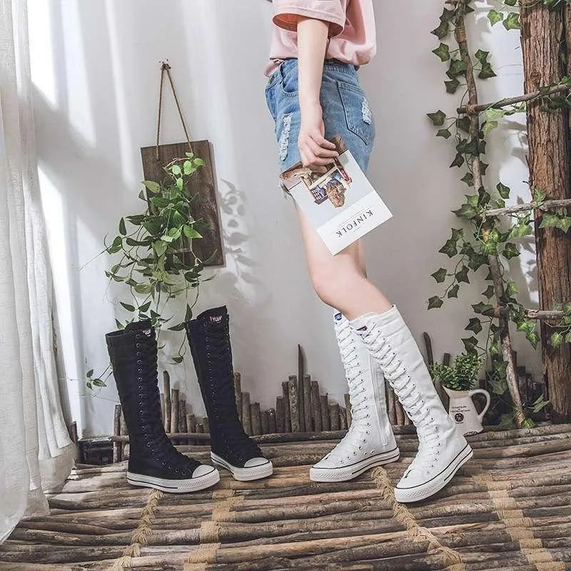 High Top Canvas Shoes - Women's Knee High Boots | Lace Up Flat Heel Canvas Footwear - ZOOMNSTORE