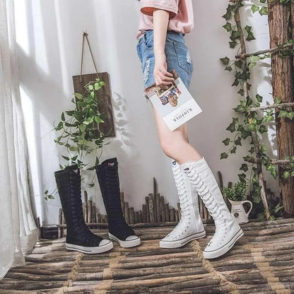 High Top Canvas Shoes - Women's Knee High Boots | Lace Up Flat Heel Canvas Footwear - ZOOMNSTORE