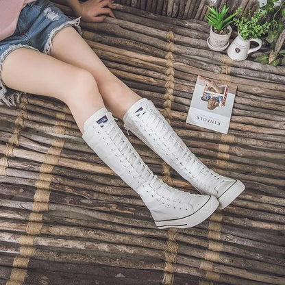 High Top Canvas Shoes - Women's Knee High Boots | Lace Up Flat Heel Canvas Footwear - ZOOMNSTORE