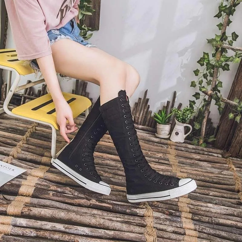 High Top Canvas Shoes - Women's Knee High Boots | Lace Up Flat Heel Canvas Footwear - ZOOMNSTORE