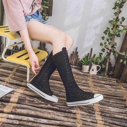 High Top Canvas Shoes - Women's Knee High Boots | Lace Up Flat Heel Canvas Footwear - ZOOMNSTORE