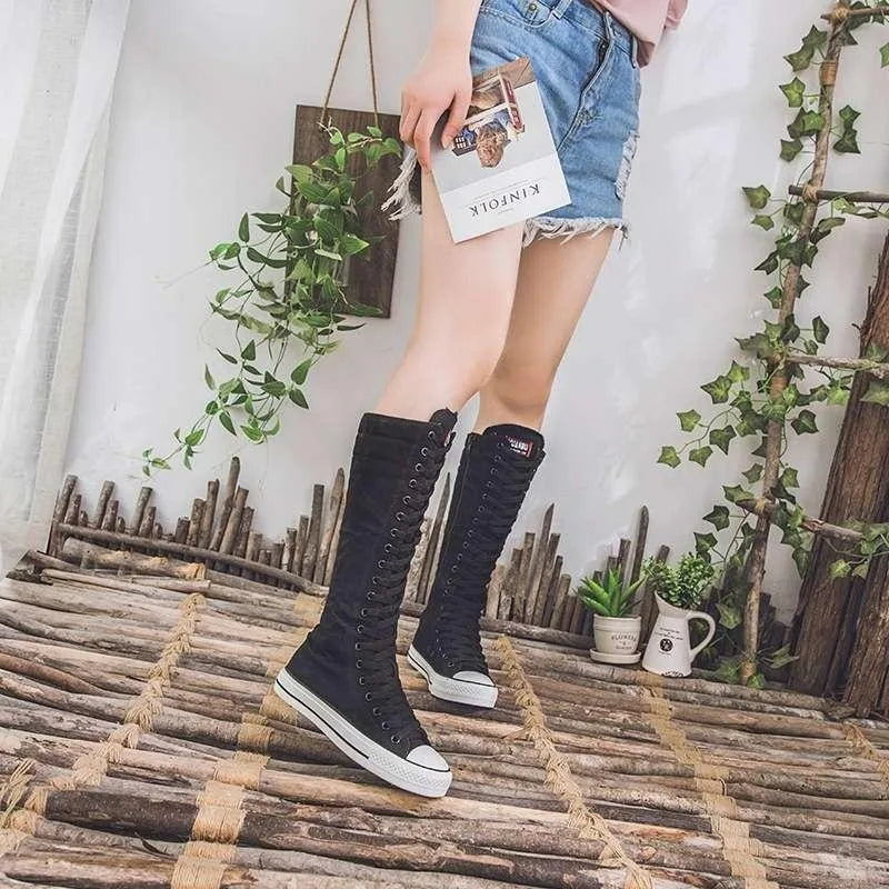 High Top Canvas Shoes - Women's Knee High Boots | Lace Up Flat Heel Canvas Footwear - ZOOMNSTORE