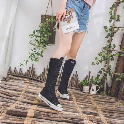 High Top Canvas Shoes - Women's Knee High Boots | Lace Up Flat Heel Canvas Footwear - ZOOMNSTORE