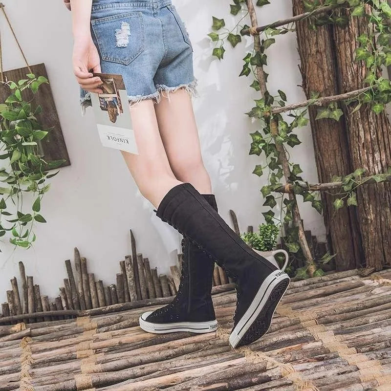 High Top Canvas Shoes - Women's Knee High Boots | Lace Up Flat Heel Canvas Footwear - ZOOMNSTORE