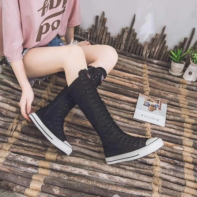 High Top Canvas Shoes - Women's Knee High Boots | Lace Up Flat Heel Canvas Footwear - ZOOMNSTORE