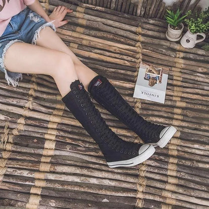 High Top Canvas Shoes - Women's Knee High Boots | Lace Up Flat Heel Canvas Footwear - ZOOMNSTORE