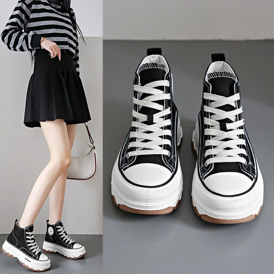 High Top Canvas Sneakers - Womens Lace-Up Platform Shoes Non-Slip  Wear Resistant - ZOOMNSTORE