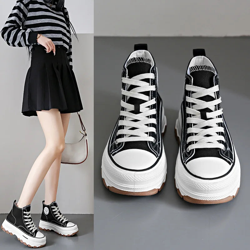 High Top Canvas Sneakers - Womens Lace-Up Platform Shoes Non-Slip  Wear Resistant - ZOOMNSTORE