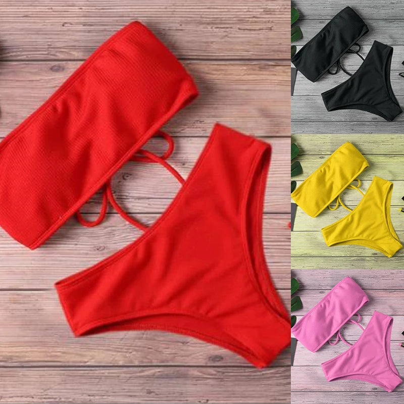 High Waist Bikini - Strapless Two Piece Swimwear Set With Padded Support - ZOOMNSTORE