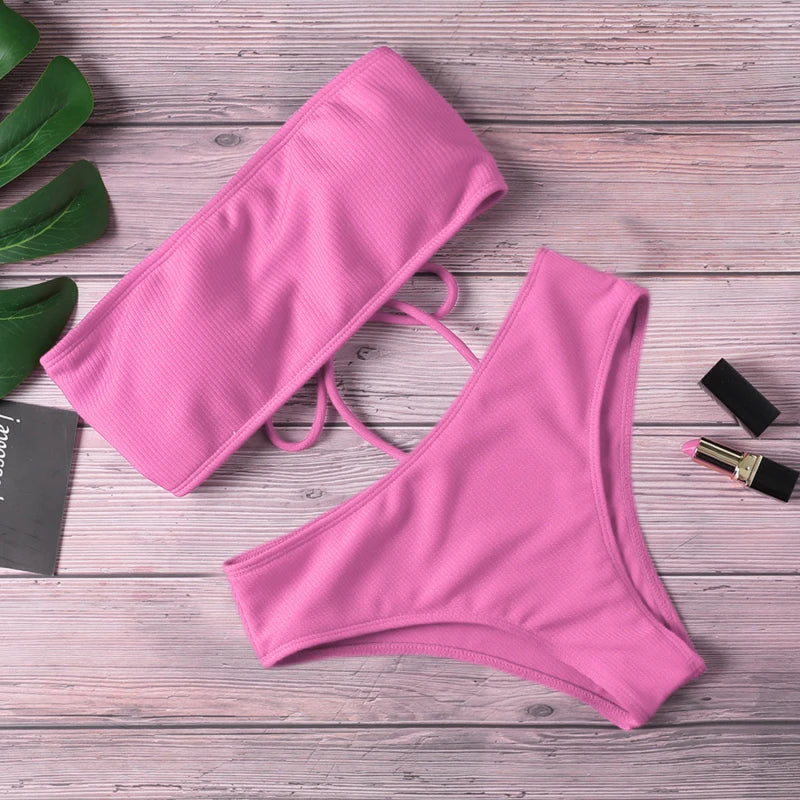 High Waist Bikini - Strapless Two Piece Swimwear Set With Padded Support - ZOOMNSTORE
