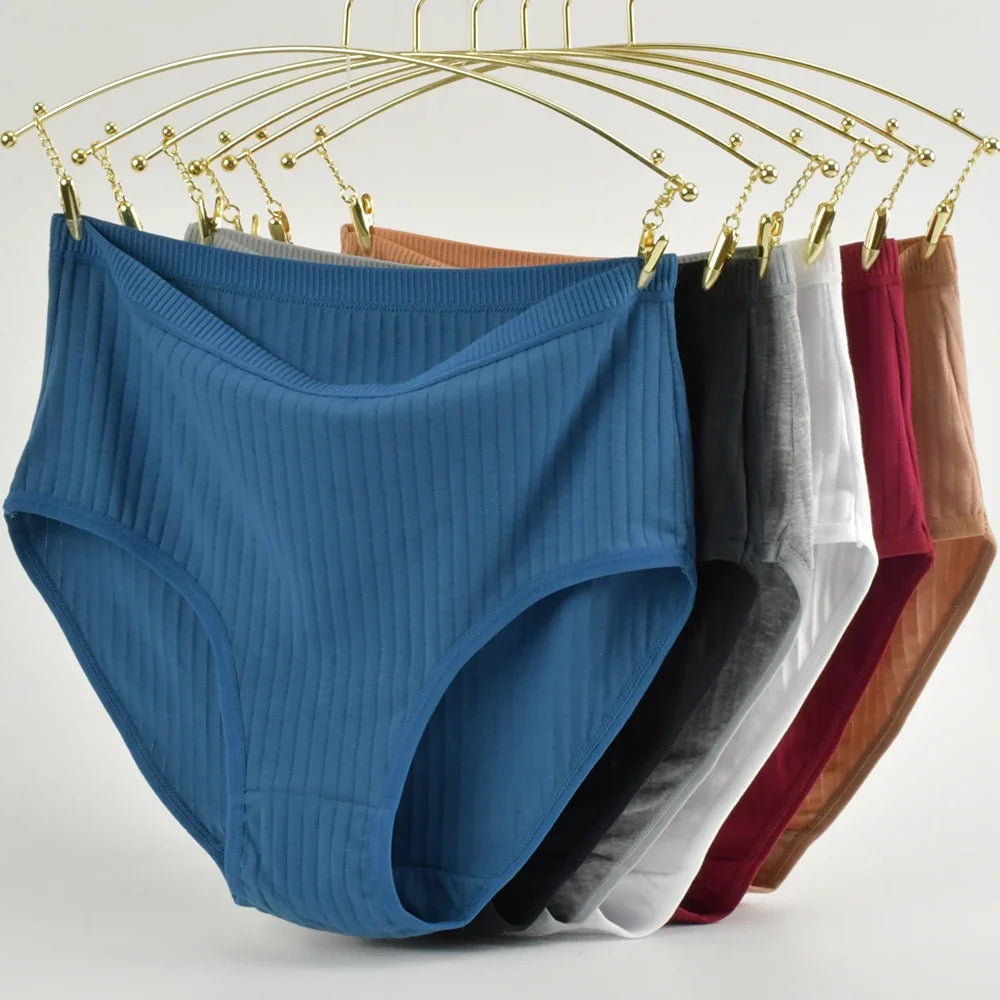 High Waist Cotton Panties – Plus Size Breathable Women's Underwear with Vertical Stripe Design - ZOOMNSTORE