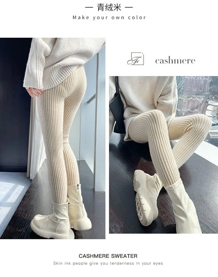 High Waist Leggings - Thermal Ankle Length Casual Ribbed Stretchy Polyester Pants - ZOOMNSTORE