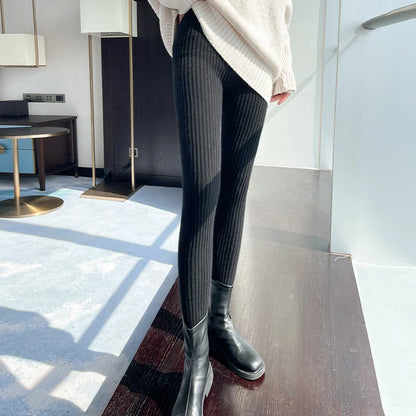 High Waist Leggings - Thermal Ankle Length Casual Ribbed Stretchy Polyester Pants - ZOOMNSTORE