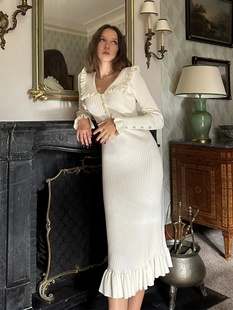 High Waist Ruffled Maxi Dress - Womens Vintage Knitted Long Dress for Autumn Winter - ZOOMNSTORE