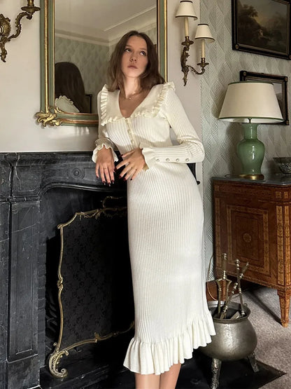 High Waist Ruffled Maxi Dress - Womens Vintage Knitted Long Dress for Autumn Winter - ZOOMNSTORE