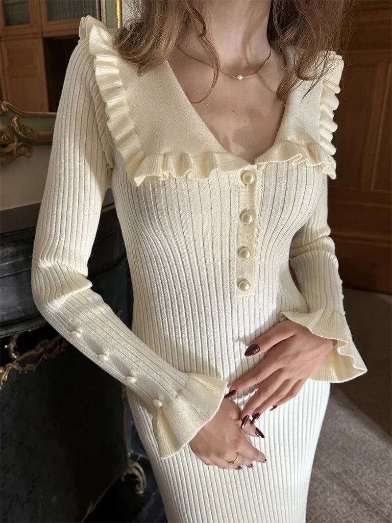 High Waist Ruffled Maxi Dress - Womens Vintage Knitted Long Dress for Autumn Winter - ZOOMNSTORE