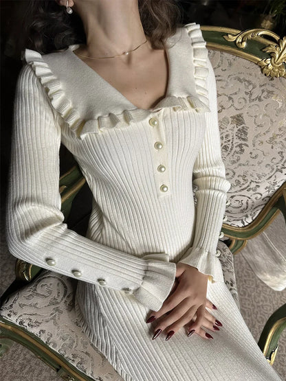 High Waist Ruffled Maxi Dress - Womens Vintage Knitted Long Dress for Autumn Winter - ZOOMNSTORE