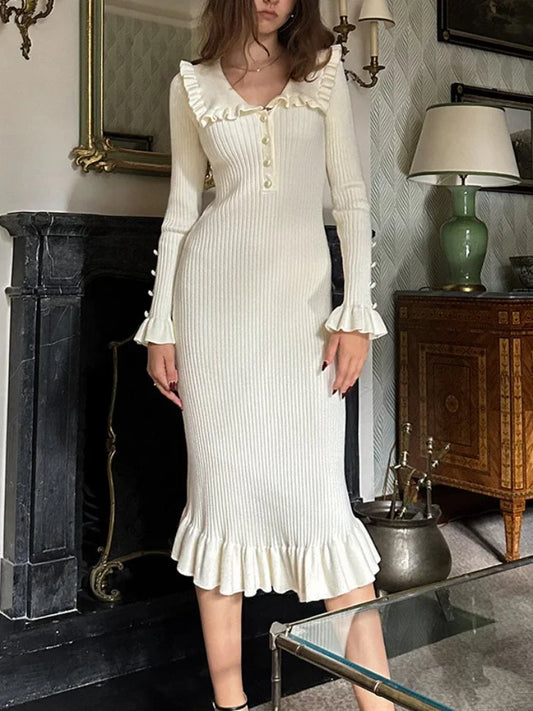 High Waist Ruffled Maxi Dress - Womens Vintage Knitted Long Dress for Autumn Winter - ZOOMNSTORE