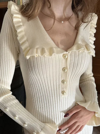 High Waist Ruffled Maxi Dress - Womens Vintage Knitted Long Dress for Autumn Winter - ZOOMNSTORE