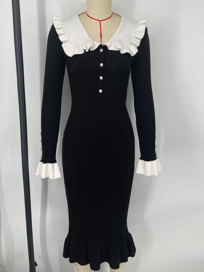 High Waist Ruffled Maxi Dress - Womens Vintage Knitted Long Dress for Autumn Winter - ZOOMNSTORE