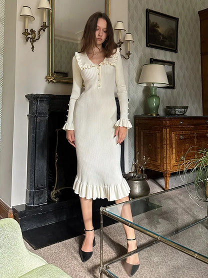 High Waist Ruffled Maxi Dress - Womens Vintage Knitted Long Dress for Autumn Winter - ZOOMNSTORE