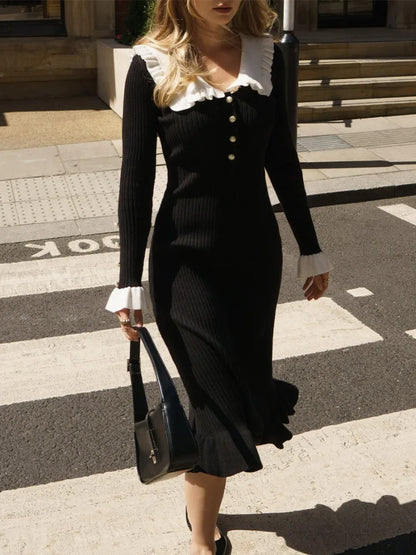High Waist Ruffled Maxi Dress - Womens Vintage Knitted Long Dress for Autumn Winter - ZOOMNSTORE