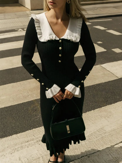 High Waist Ruffled Maxi Dress - Womens Vintage Knitted Long Dress for Autumn Winter - ZOOMNSTORE