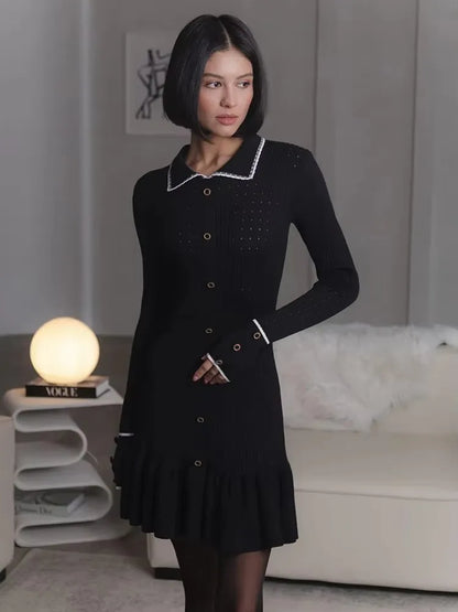 High Waist Ruffled Maxi Dress - Womens Vintage Knitted Long Dress for Autumn Winter - ZOOMNSTORE