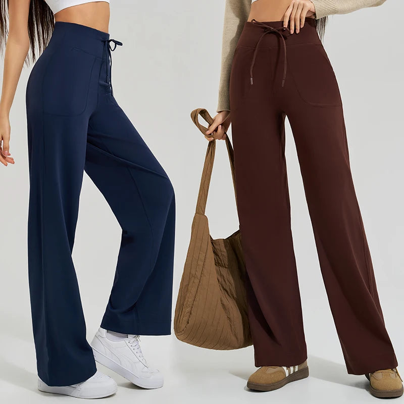 High Waist Yoga Pants - Loose Running Pants with Pockets and Ties - ZOOMNSTORE