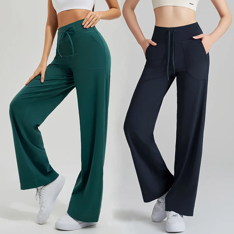 High Waist Yoga Pants - Loose Running Pants with Pockets and Ties - ZOOMNSTORE