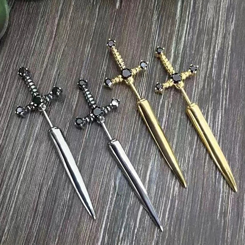 Hip Hop Stud Earrings - Cross Sword Black Crystal Copper Metal Jewelry - ZOOMNSTORE