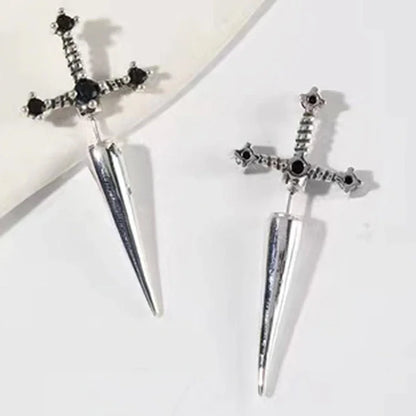 Hip Hop Stud Earrings - Cross Sword Black Crystal Copper Metal Jewelry - ZOOMNSTORE