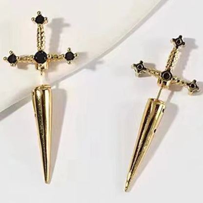 Hip Hop Stud Earrings - Cross Sword Black Crystal Copper Metal Jewelry - ZOOMNSTORE