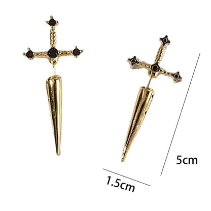 Hip Hop Stud Earrings - Cross Sword Black Crystal Copper Metal Jewelry - ZOOMNSTORE