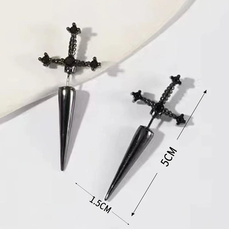 Hip Hop Stud Earrings - Cross Sword Black Crystal Copper Metal Jewelry - ZOOMNSTORE