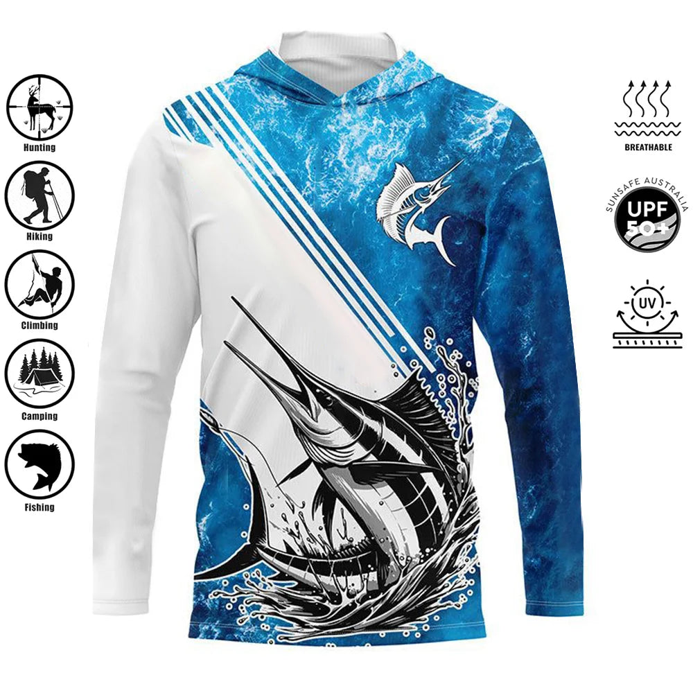 Fishing Shirts Hooded Shirt Uv Protection Man Outdoor Fashion Print Moisture Wicking Fishing Apparel Tops - ZOOMNSTORE