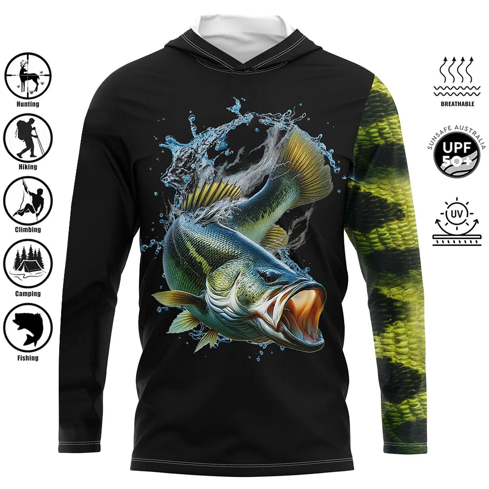 Fishing Shirts Hooded Shirt Uv Protection Man Outdoor Fashion Print Moisture Wicking Fishing Apparel Tops - ZOOMNSTORE