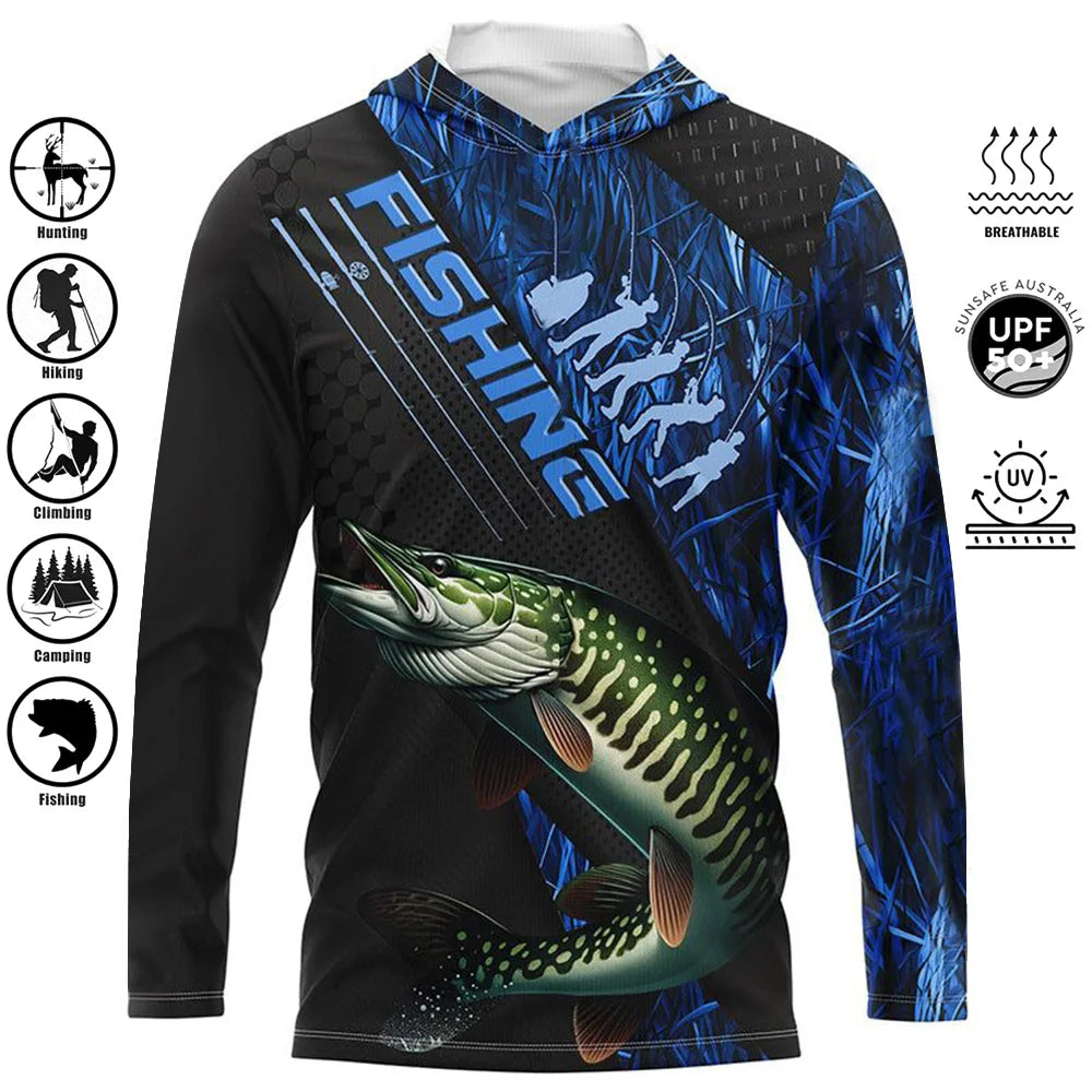 Fishing Shirts Hooded Shirt Uv Protection Man Outdoor Fashion Print Moisture Wicking Fishing Apparel Tops - ZOOMNSTORE