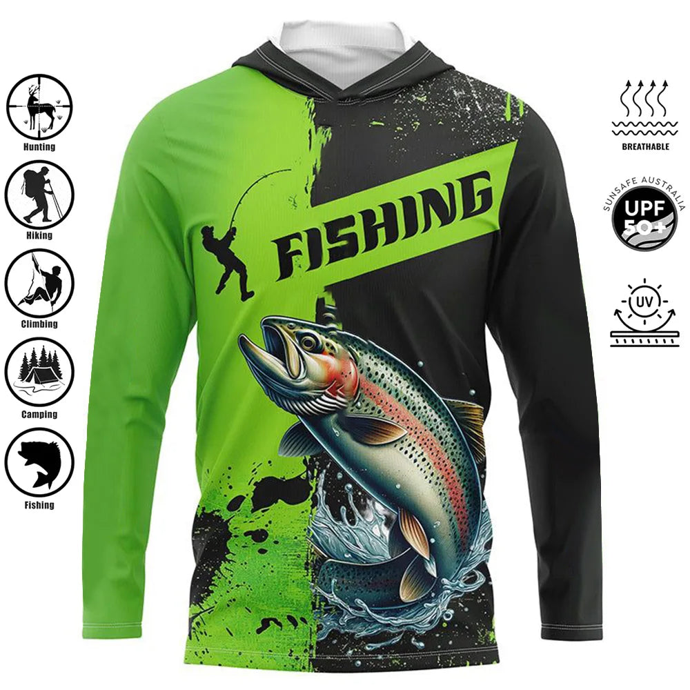 Fishing Shirts Hooded Shirt Uv Protection Man Outdoor Fashion Print Moisture Wicking Fishing Apparel Tops - ZOOMNSTORE