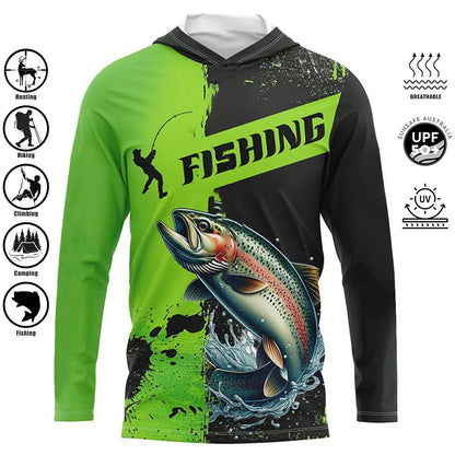 Fishing Shirts Hooded Shirt Uv Protection Man Outdoor Fashion Print Moisture Wicking Fishing Apparel Tops - ZOOMNSTORE