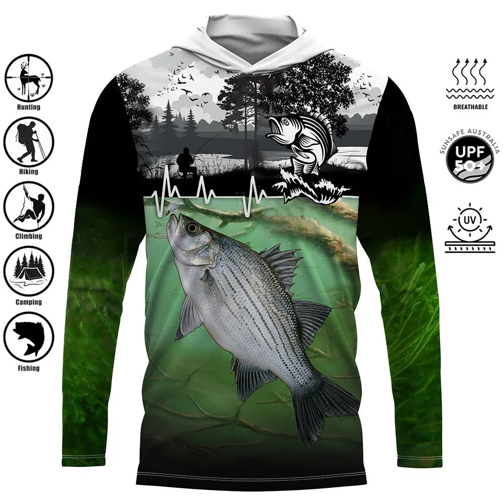 Fishing Shirts Hooded Shirt Uv Protection Man Outdoor Fashion Print Moisture Wicking Fishing Apparel Tops - ZOOMNSTORE