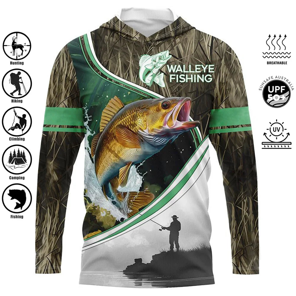 Fishing Shirts Hooded Shirt Uv Protection Man Outdoor Fashion Print Moisture Wicking Fishing Apparel Tops - ZOOMNSTORE